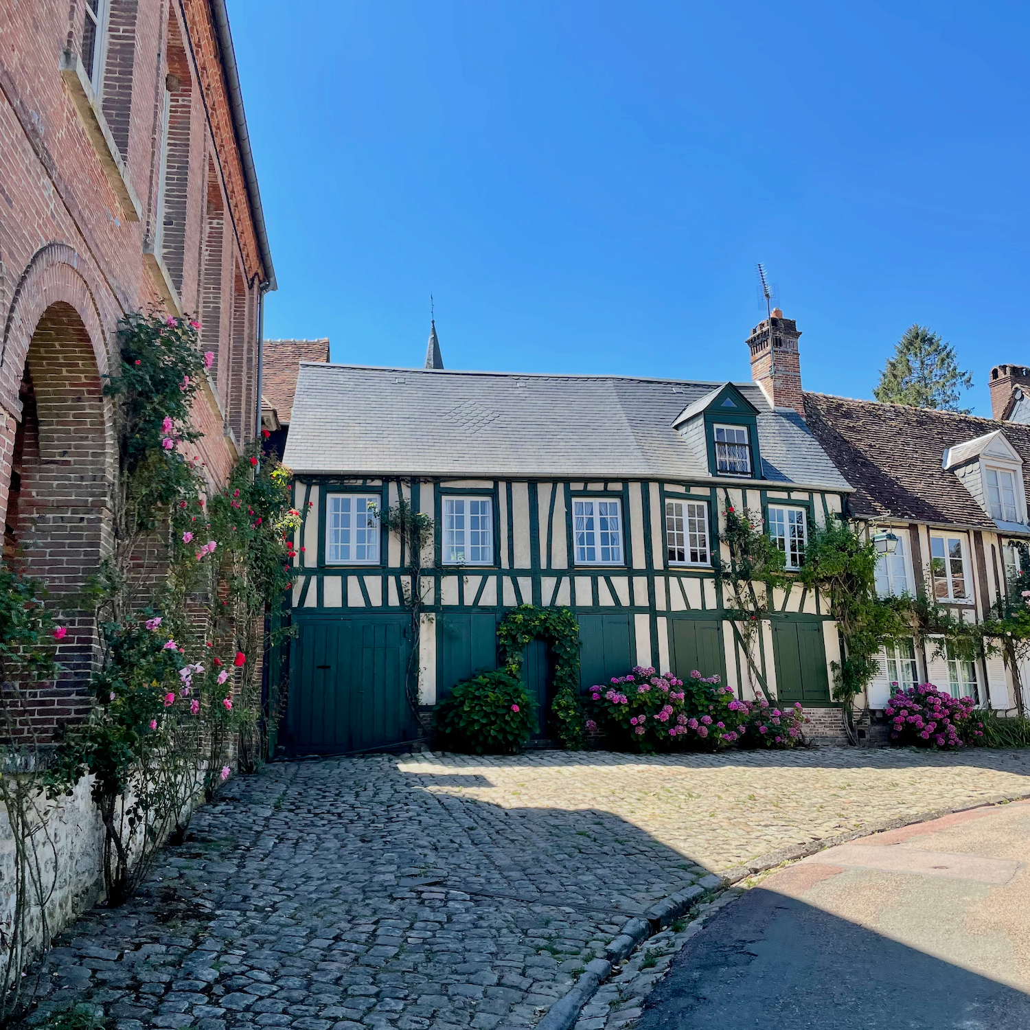 Maison à colombages fleurie de roses grimpantes à Gerberoy